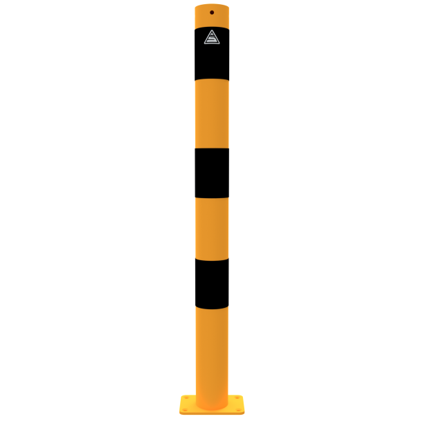 Barrier post | steel tube  76 x 2,6 mm | yellow / black | stationary, to be fixed by plugswith base plate 100 x 150 mm | without eyelet